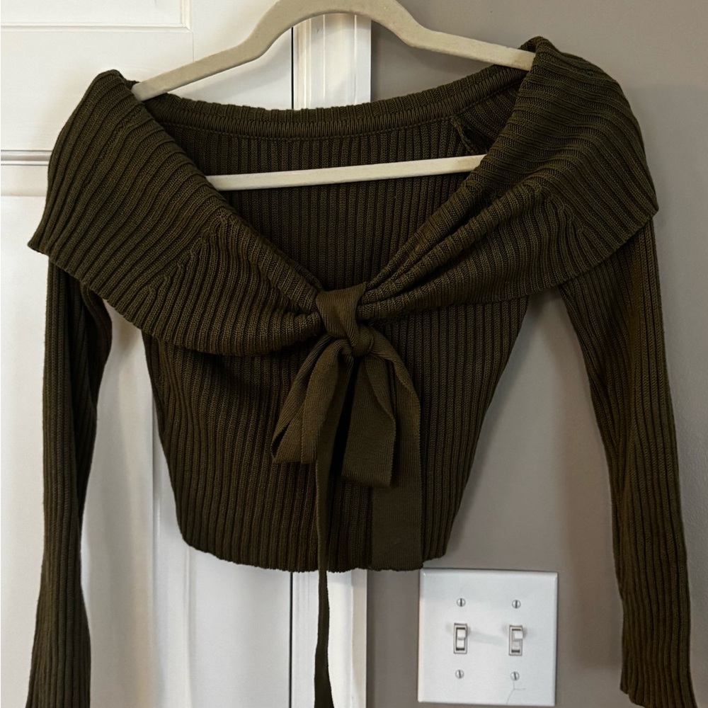 Chic Olive Off-Shoulder Sweater with Tie Detail